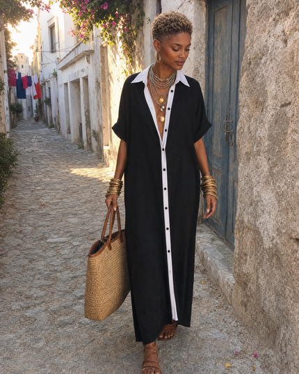 Women's Linen Shirt Dress with Rolled Sleeves