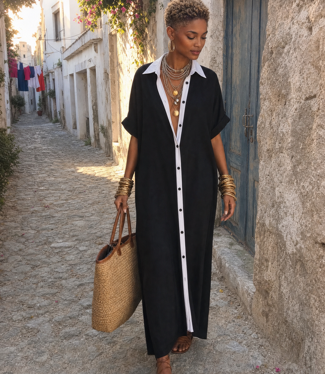 Women's Linen Shirt Dress with Rolled Sleeves