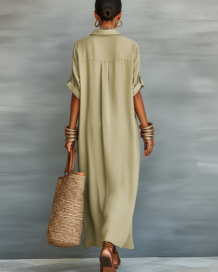 Women's Linen Shirt Dress with Rolled Sleeves