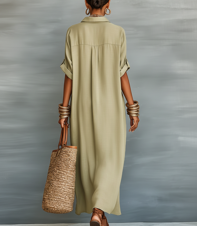 Women's Linen Shirt Dress with Rolled Sleeves