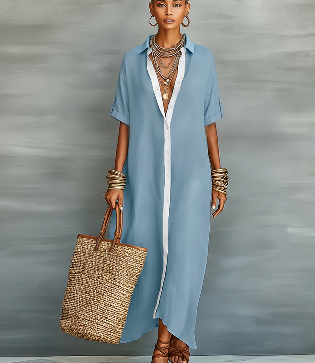 Women's Linen Shirt Dress with Rolled Sleeves