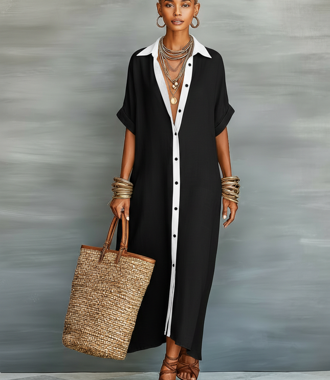 Women's Linen Shirt Dress with Rolled Sleeves