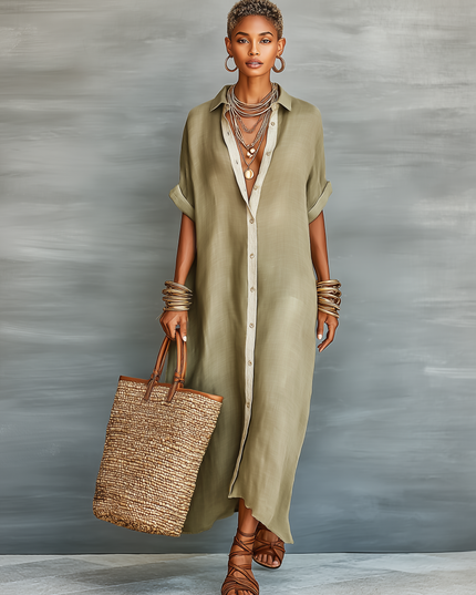Women's Linen Shirt Dress with Rolled Sleeves