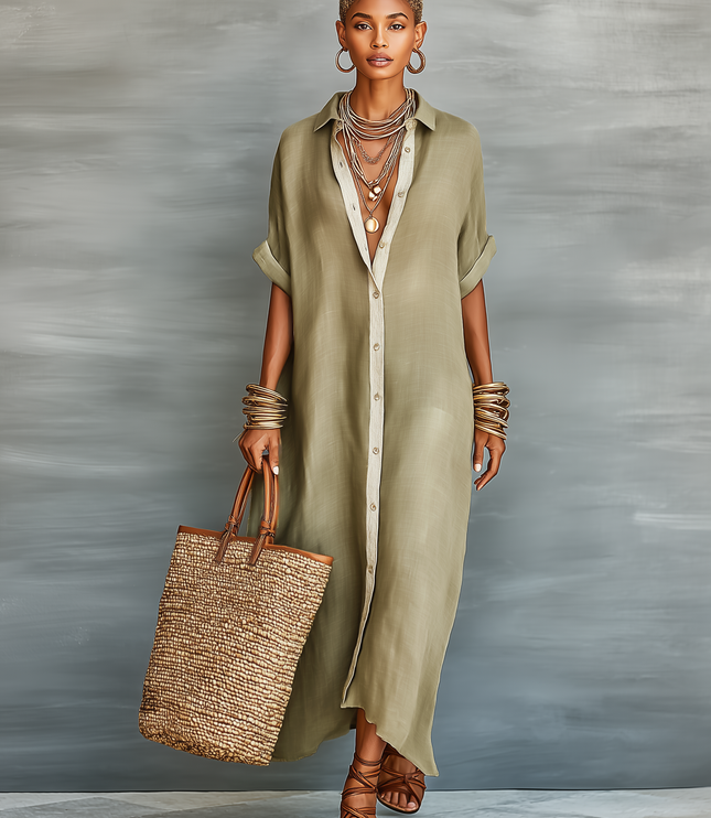 Women's Linen Shirt Dress with Rolled Sleeves