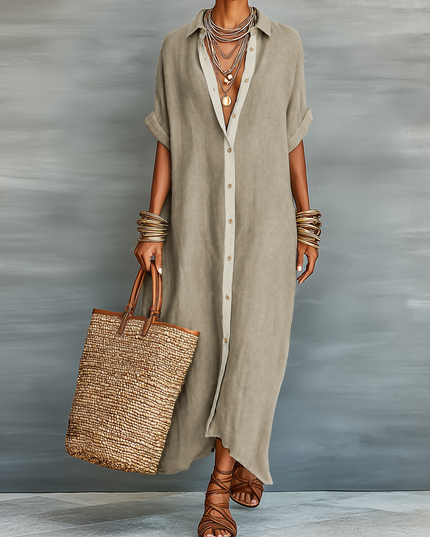 Women's Linen Shirt Dress with Rolled Sleeves