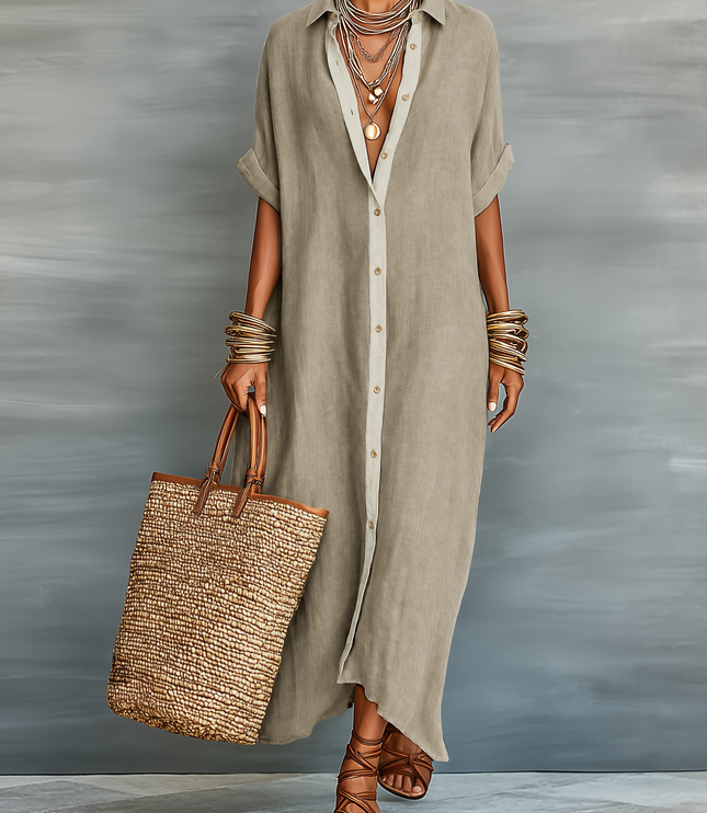 Women's Linen Shirt Dress with Rolled Sleeves