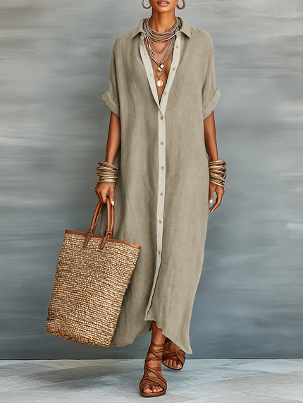 Women's Linen Shirt Dress with Rolled Sleeves