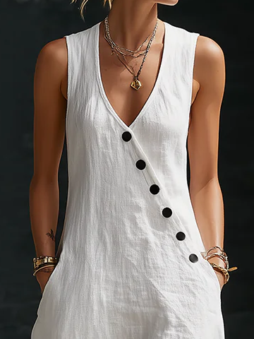 Women's Linen V-Neck Maxi Dress with Button Detail