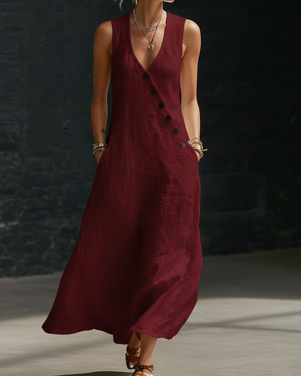 Women's Linen V-Neck Maxi Dress with Button Detail