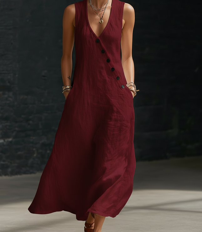 Women's Linen V-Neck Maxi Dress with Button Detail
