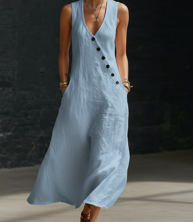 Women's Linen V-Neck Maxi Dress with Button Detail