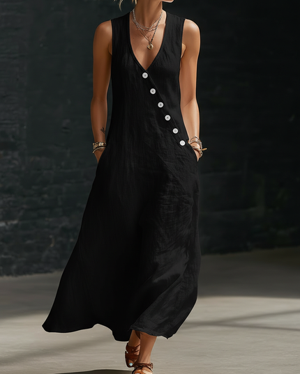 Women's Linen V-Neck Maxi Dress with Button Detail