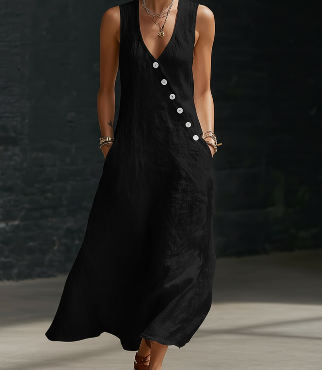 Women's Linen V-Neck Maxi Dress with Button Detail