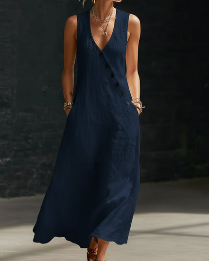 Women's Linen V-Neck Maxi Dress with Button Detail