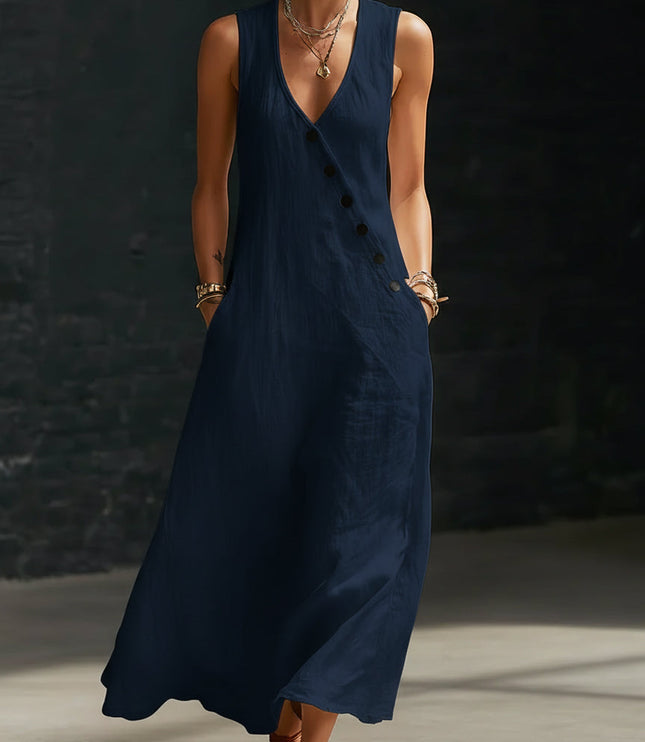 Women's Linen V-Neck Maxi Dress with Button Detail