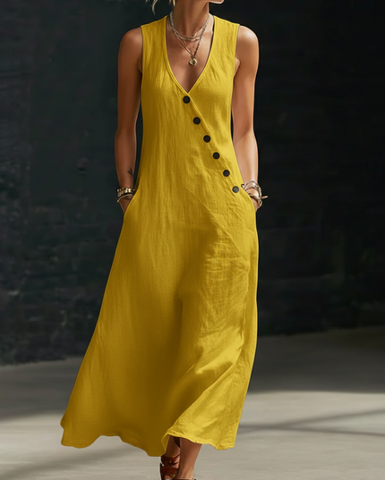 Women's Linen V-Neck Maxi Dress with Button Detail
