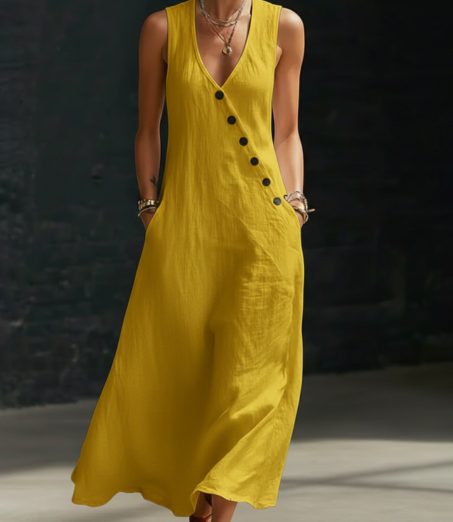 Women's Linen V-Neck Maxi Dress with Button Detail