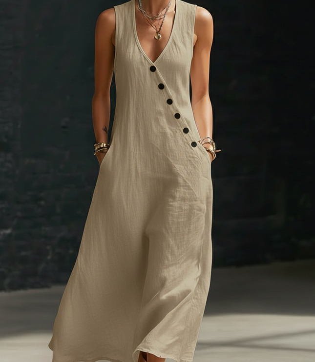 Women's Linen V-Neck Maxi Dress with Button Detail