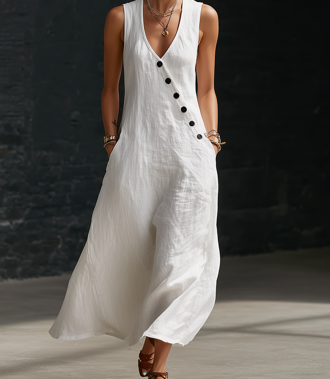 Women's Linen V-Neck Maxi Dress with Button Detail