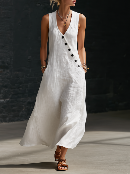 Women's Linen V-Neck Maxi Dress with Button Detail