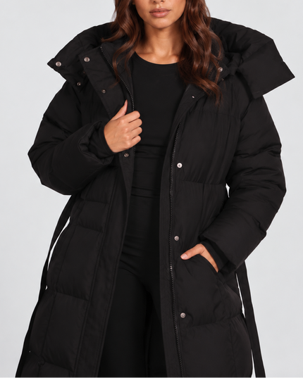 Women's Long Hooded Puffer Coat with Side Pockets