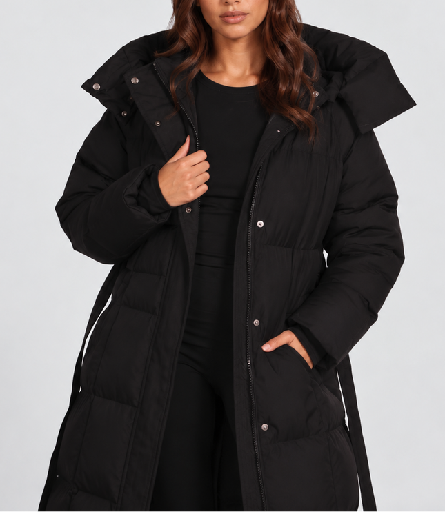 Women's Long Hooded Puffer Coat with Side Pockets
