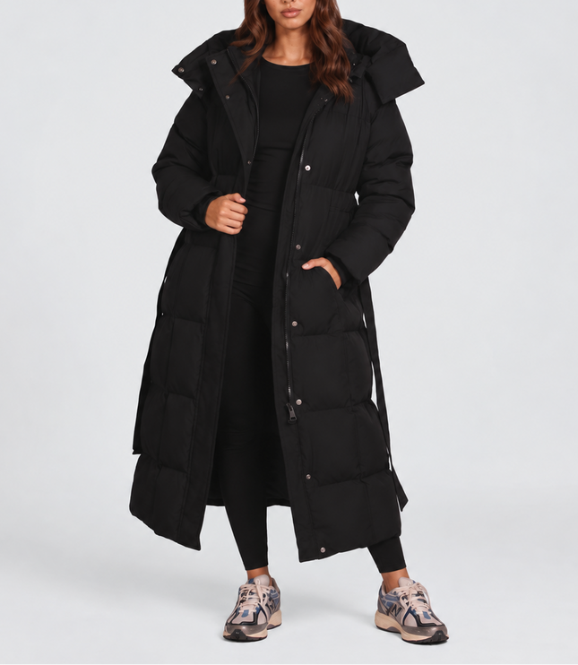 Women's Long Hooded Puffer Coat with Side Pockets