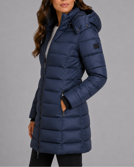 Women's Long Hooded Puffer Coat with Zip Pockets