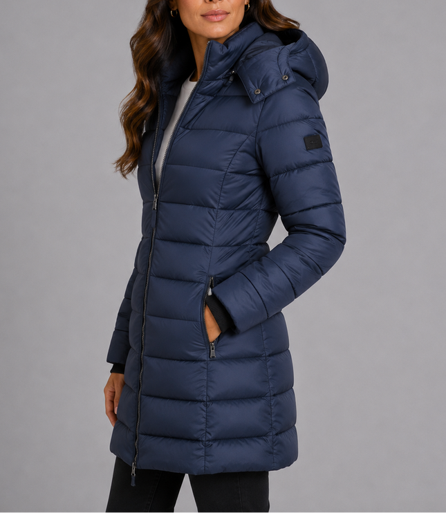 Women's Long Hooded Puffer Coat with Zip Pockets