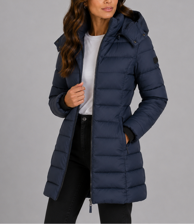 Women's Long Hooded Puffer Coat with Zip Pockets