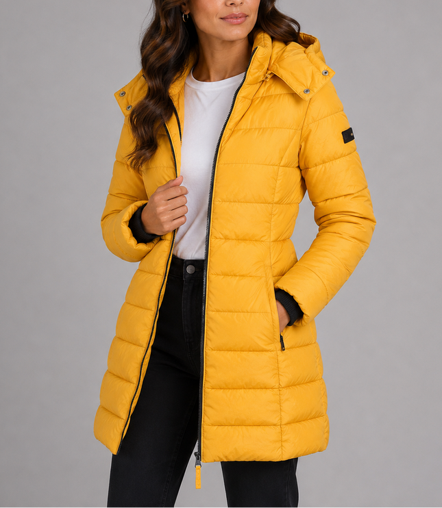 Women's Long Hooded Puffer Coat with Zip Pockets
