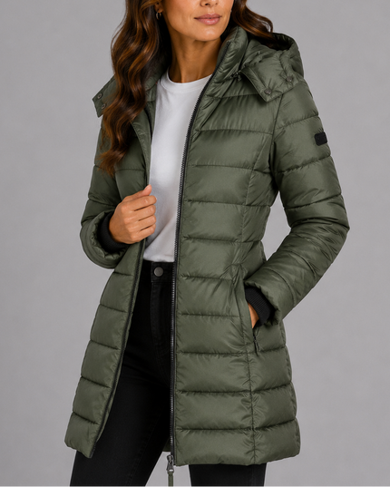 Women's Long Hooded Puffer Coat with Zip Pockets