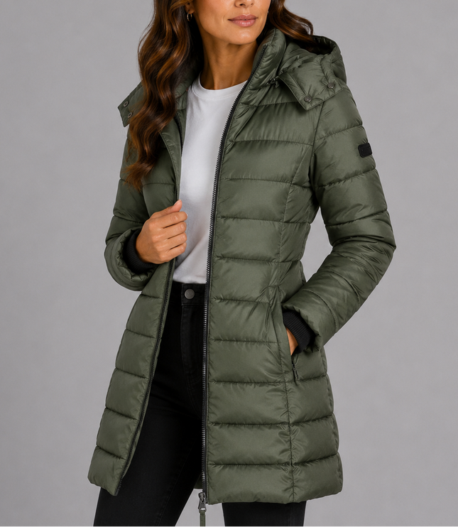 Women's Long Hooded Puffer Coat with Zip Pockets