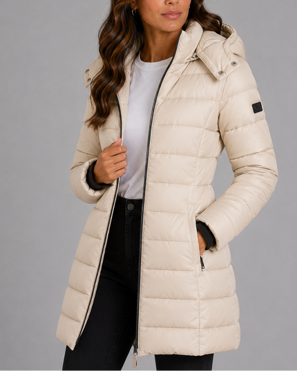 Women's Long Hooded Puffer Coat with Zip Pockets
