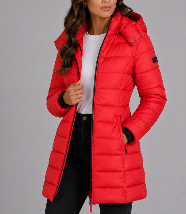 Women's Long Hooded Puffer Coat with Zip Pockets