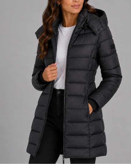 Women's Long Hooded Puffer Coat with Zip Pockets