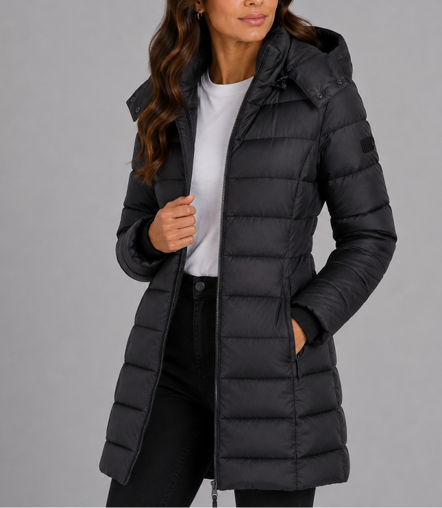 Women's Long Hooded Puffer Coat with Zip Pockets