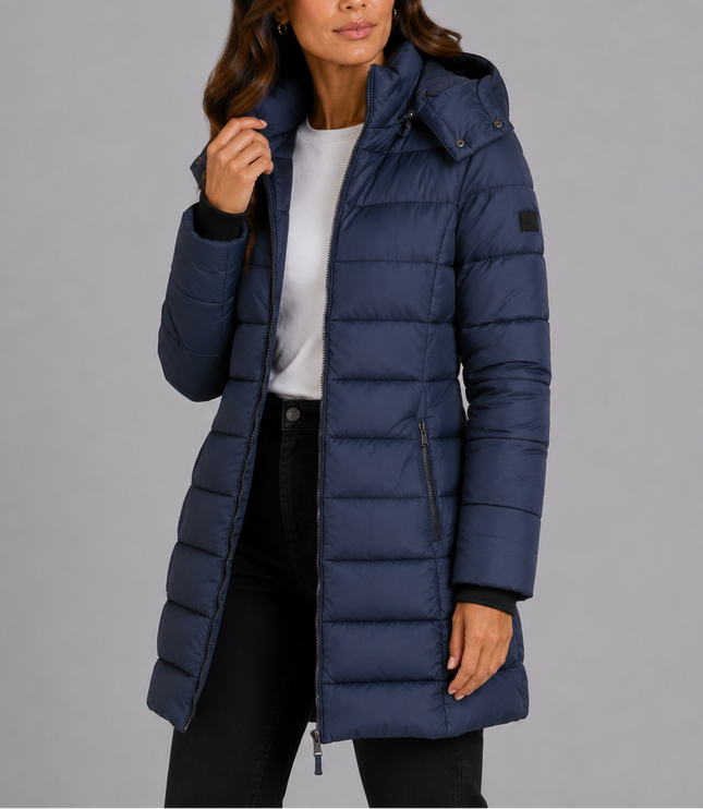 Women's Long Hooded Puffer Coat with Zip Pockets