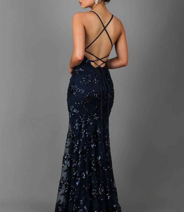 Women's Long Sequin Mermaid Dress with Open Back