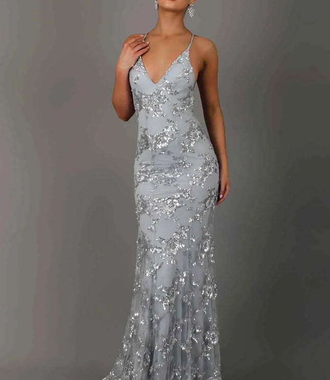 Women's Long Sequin Mermaid Dress with Open Back