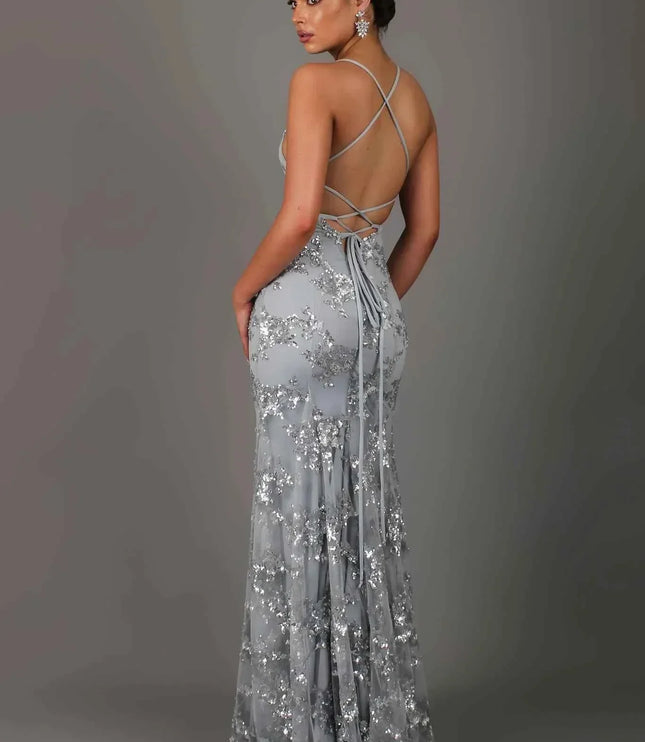 Women's Long Sequin Mermaid Dress with Open Back