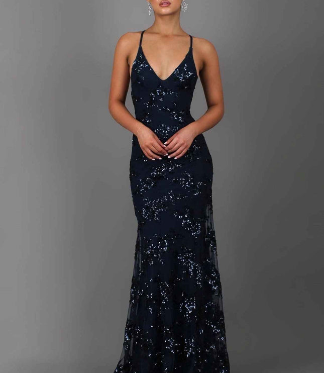 Women's Long Sequin Mermaid Dress with Open Back