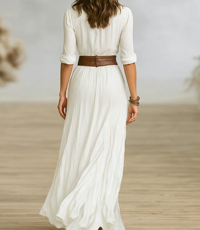 Women's Long Shirt Dress with Pleated Lapels and Defined Waist