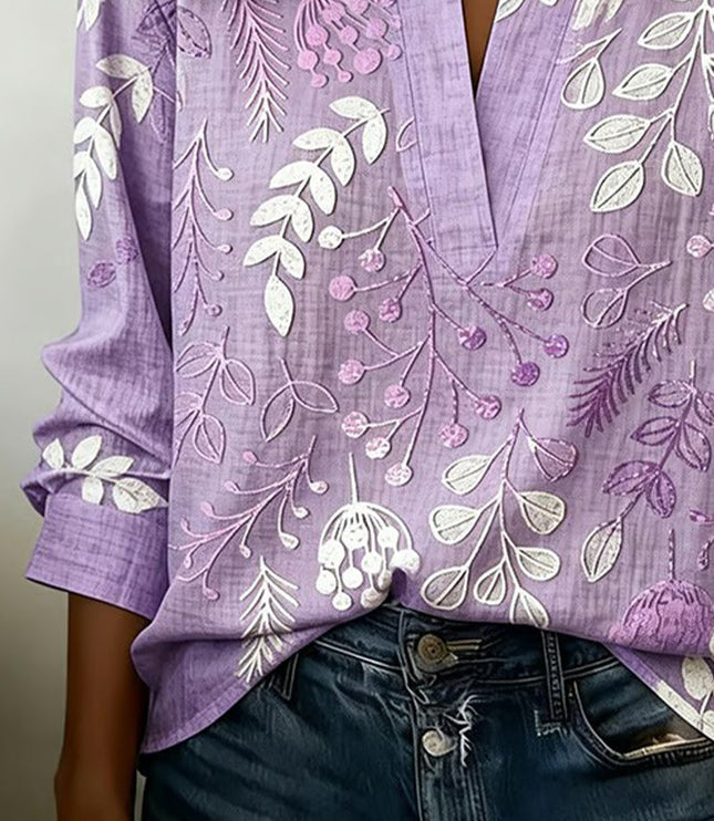 Women's Long Sleeve Blouse in Floral Print with a High Collar