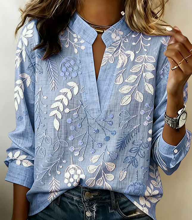 Women's Long Sleeve Blouse in Floral Print with a High Collar