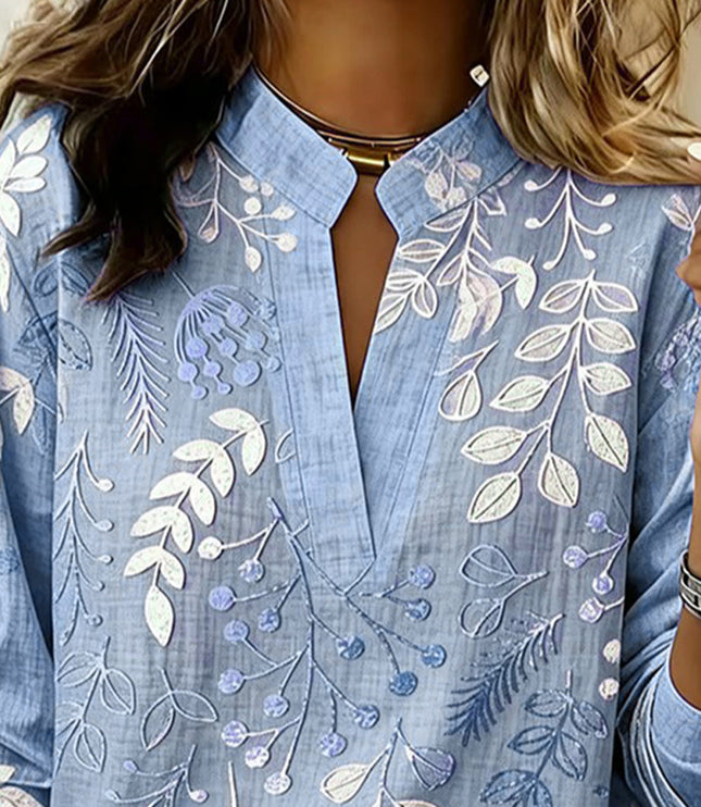 Women's Long Sleeve Blouse in Floral Print with a High Collar