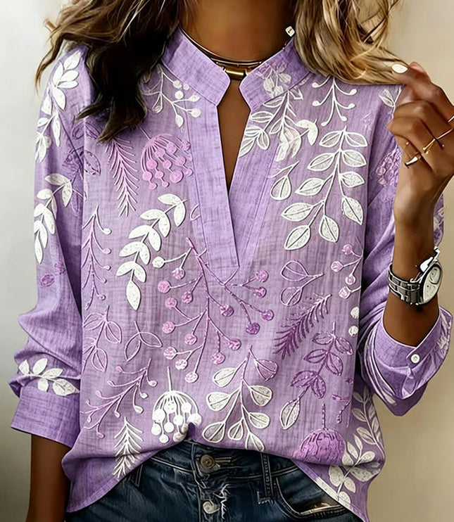 Women's Long Sleeve Blouse in Floral Print with a High Collar