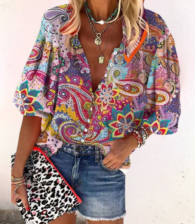 Women's Long Sleeve Blouse with Buttons in Floral Print