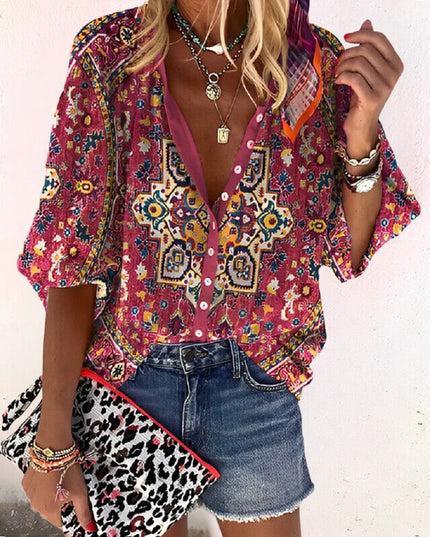 Women's Long Sleeve Blouse with Buttons in Floral Print