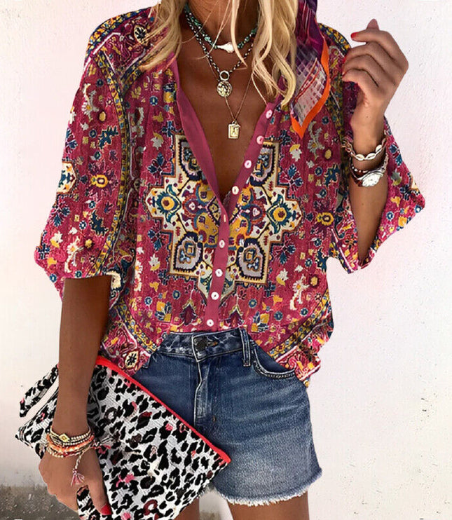 Women's Long Sleeve Blouse with Buttons in Floral Print